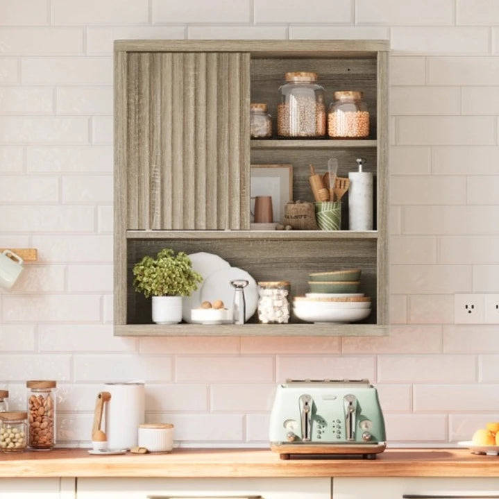Armario de pared de roble original para baño, dormitorio, cocina, con puerta corredera, 3 niveles, estante flotante de madera montado en la pared