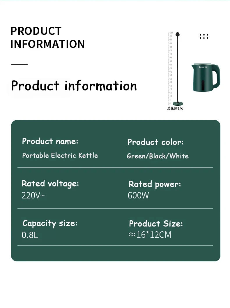 Hervidor Eléctrico Mini de 0.8L, Tetera de Acero Inoxidable 304 de Pequeña Capacidad, Hervidor Portátil para Hotel, Dormitorio, Viajes, 220V