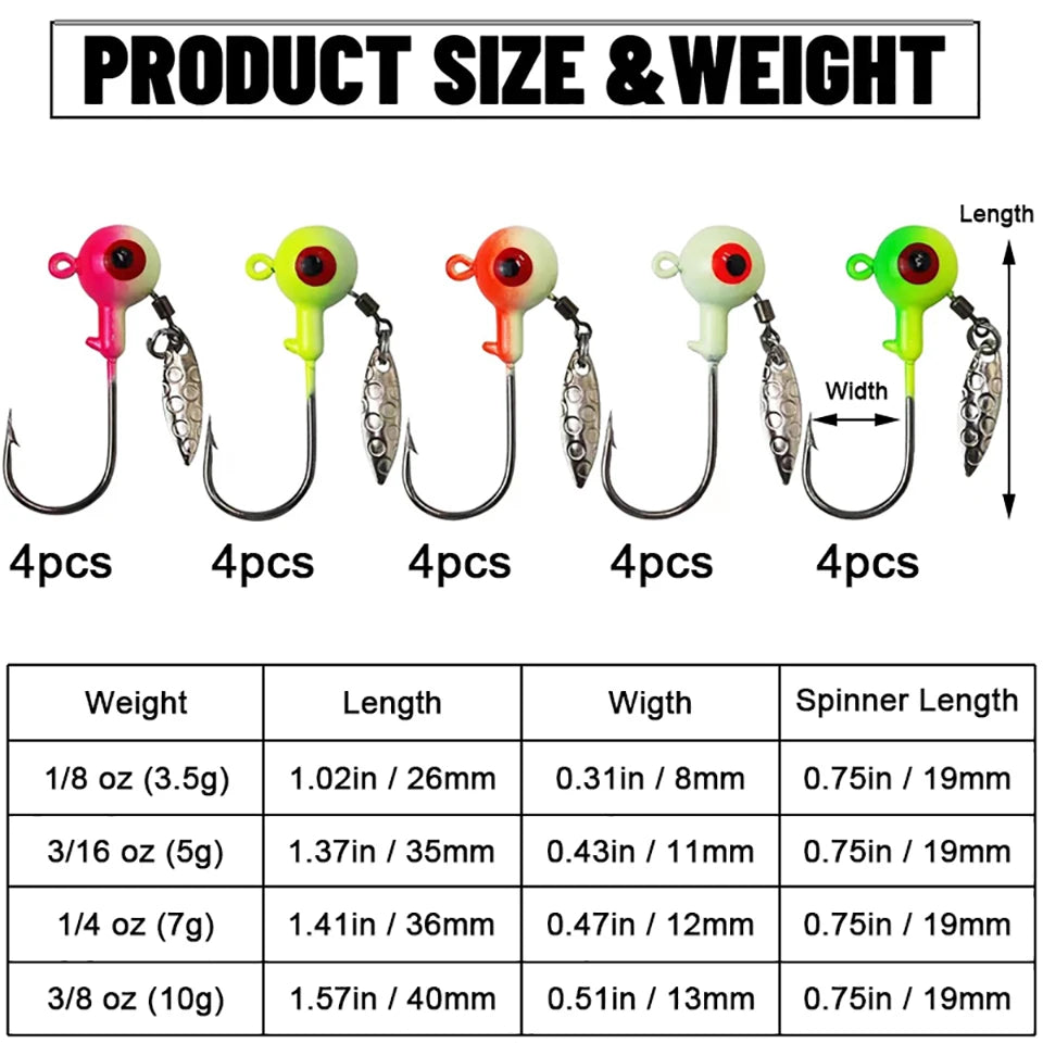 Cabezas de jig para pesca en agua dulce, señuelos, cabezas de jig con ojo, 20 unidades, anzuelos pintados, jigs de pesca para lubina/crappie, 1/8, 3/16, 1/4, 3/8 oz