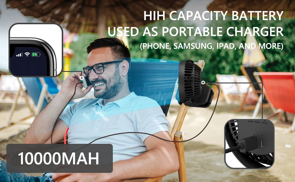 Ventilador frío móvil para acampar al aire libre, reunión familiar, ventilador de Camping portátil de 8000mAh con linterna LED y gancho para colgar-35H recargable