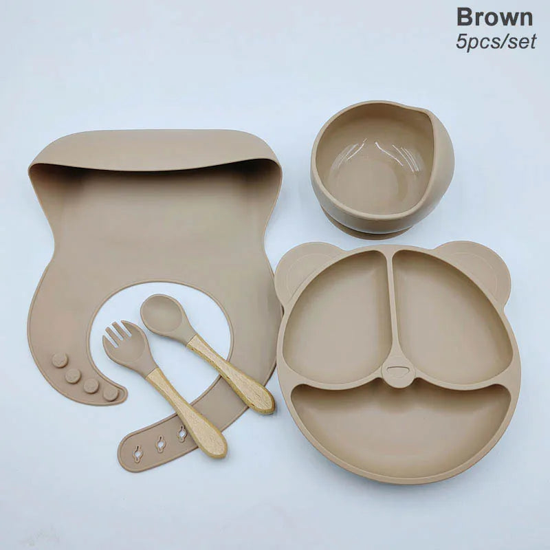 Vajilla de silicona para niños, juego de alimentación de bebé, plato de dibujos animados, nombre personalizado, taza con ventosa, plato, babero, regalo para recién nacido, 8 Uds./5 uds.