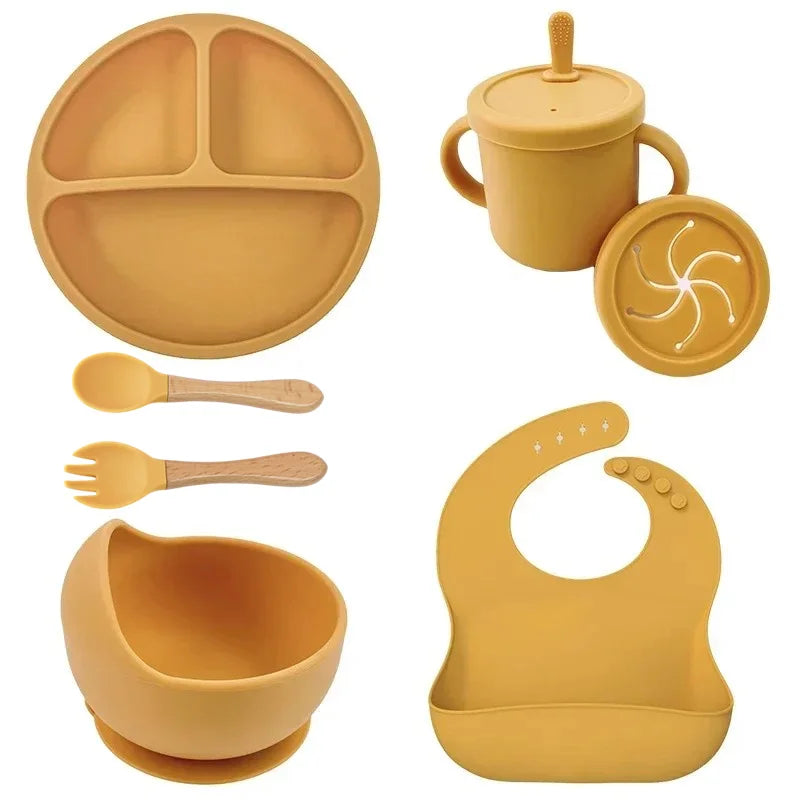 Juego de alimentación de bebé de silicona sin BPA, cuenco con ventosa, plato de comedor, taza de paja, cuchara, tenedores para niños, vajilla para bebés, platos para niños