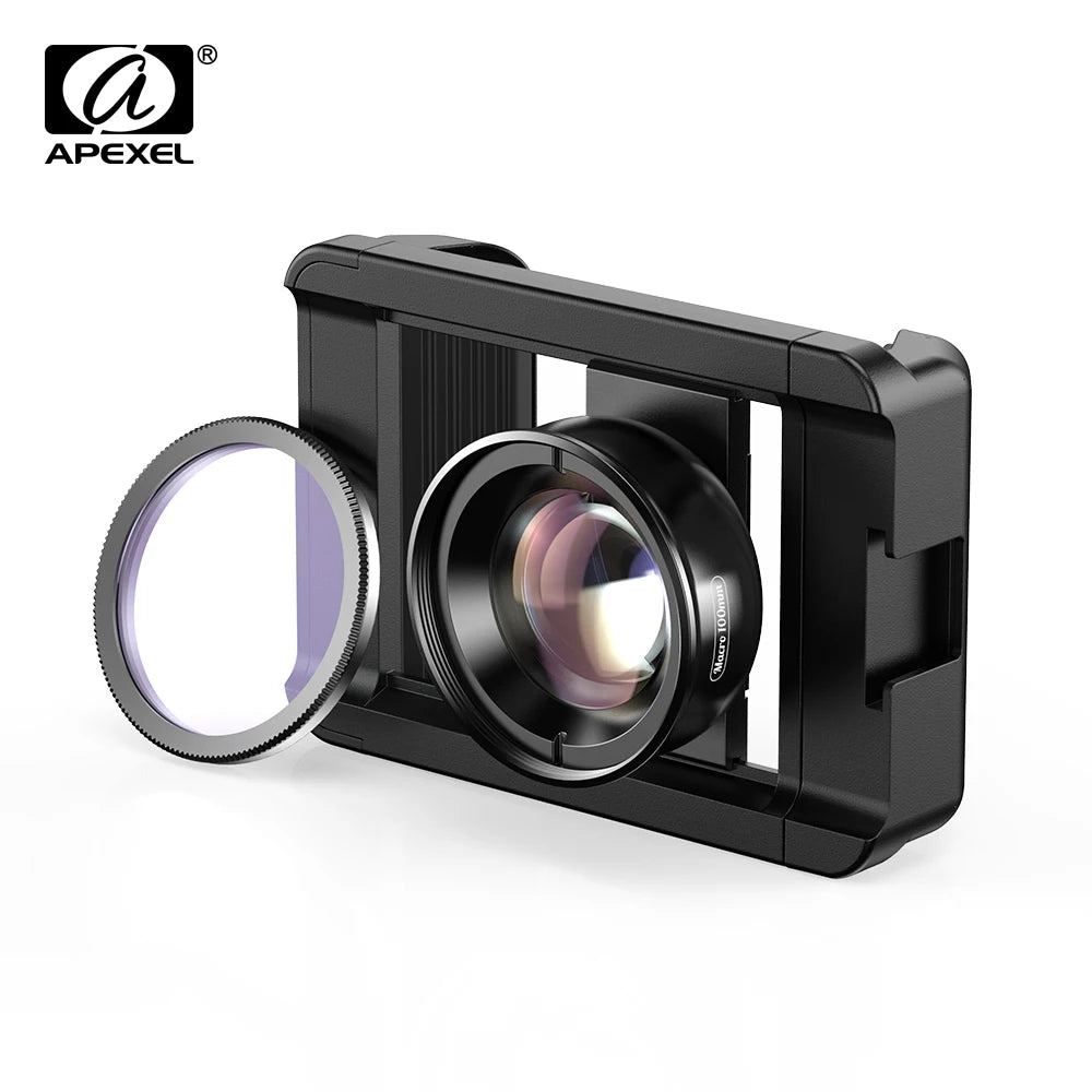 APEXEL nueva llegada 4k HD 100mm macro Micro lente con filtro CPL abrazadera multifuncional para iPhone Samsung y todos los teléfonos inteligentes