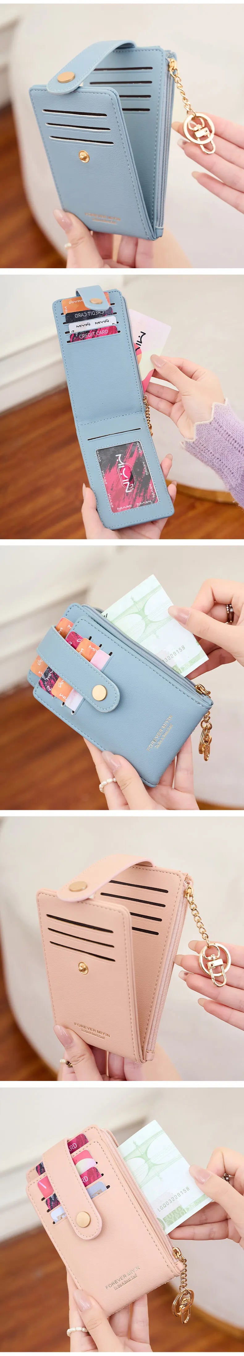 Elegante tarjetero plegable vertical, cartera ultrafina para mujer, tarjetero plegable, monedero con cremallera, bolso de mano con llavero