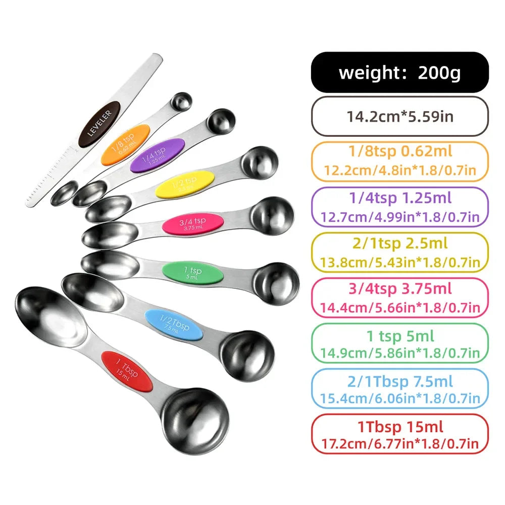 8 unids/set juego de cucharas medidoras magnéticas de acero inoxidable apilables cucharaditas de doble cara Metal preciso para latas de condimentos