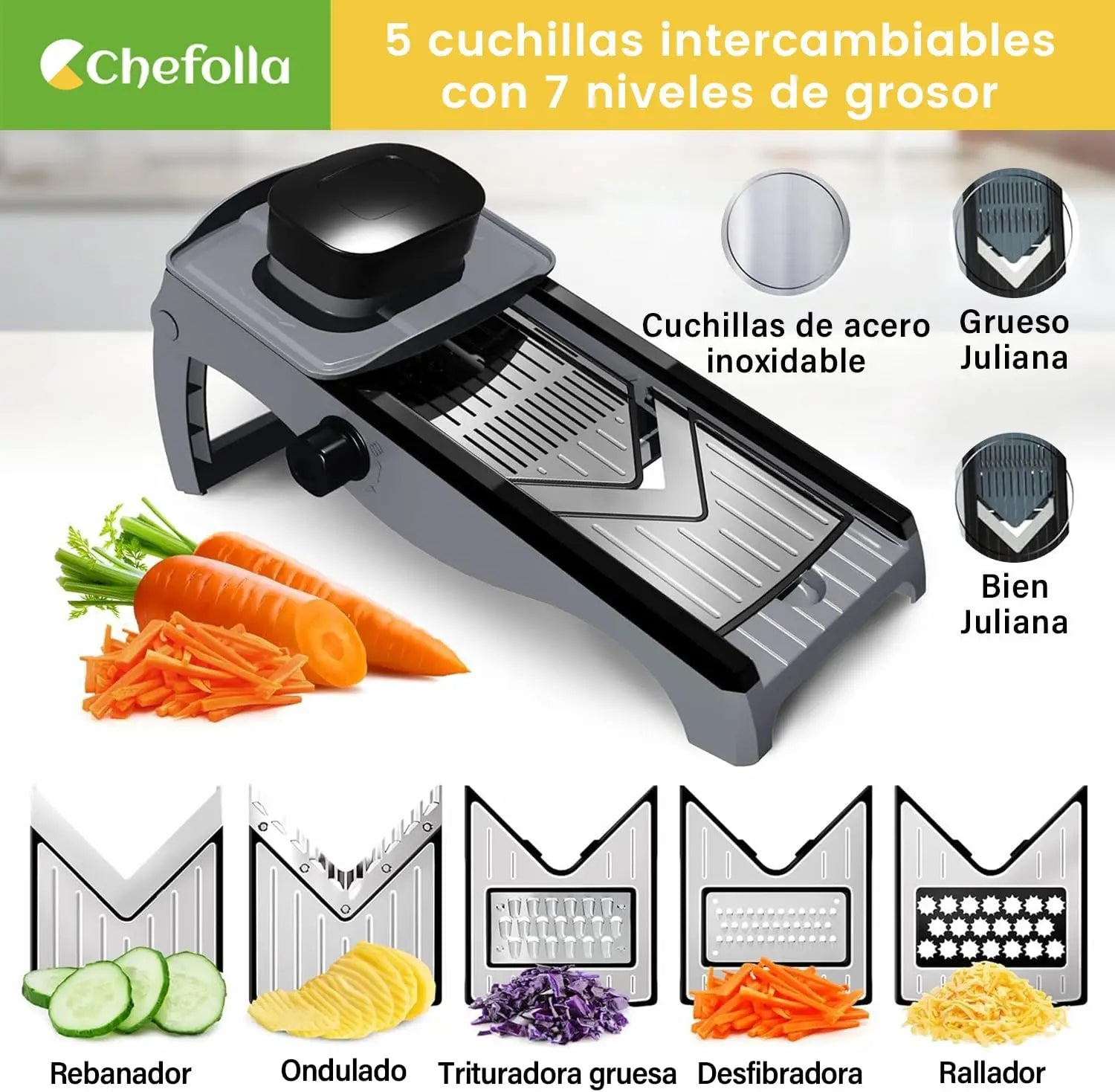 Picador de Verduras, Cortador Multiusos de Acero Inoxidable con Ajustes Regulables, Cepillo de Limpieza y