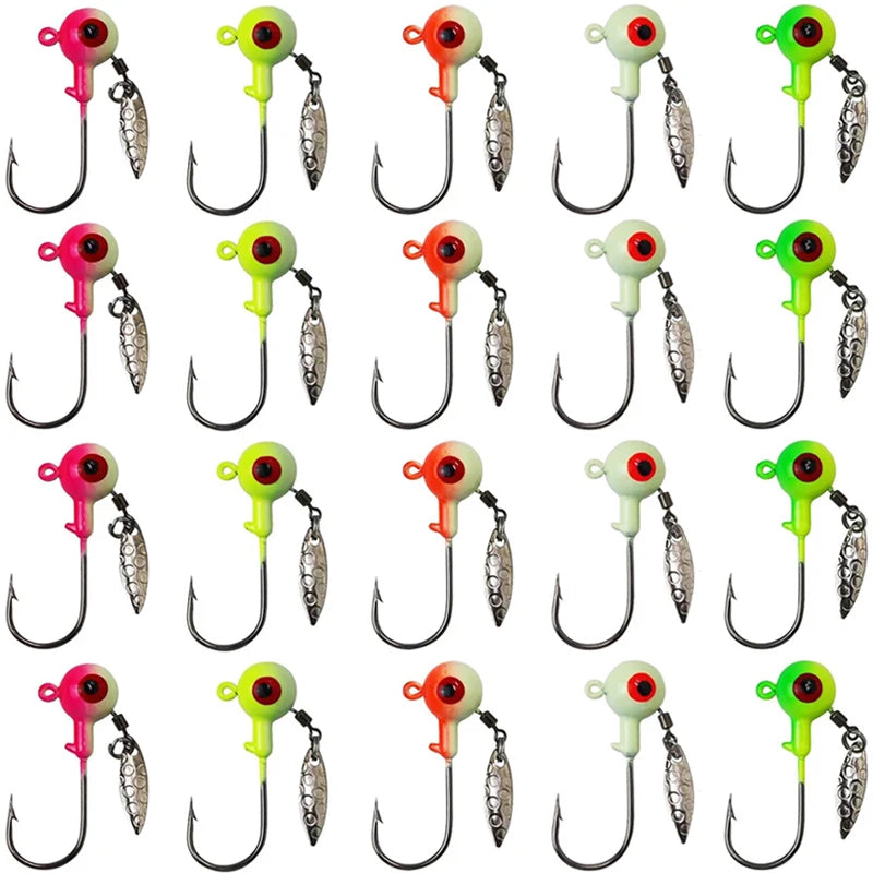 Cabezas de jig para pesca en agua dulce, señuelos, cabezas de jig con ojo, 20 unidades, anzuelos pintados, jigs de pesca para lubina/crappie, 1/8, 3/16, 1/4, 3/8 oz