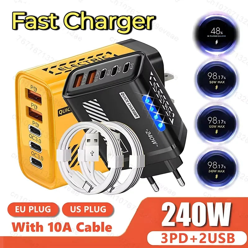Cargador Rápido de Teléfono de 240W, Enchufe US/EU, QC3.0 PD USB, 5 Puertos, Cabezal de Carga GaN con Luz LED para iPhone 17 16, Samsung, Huawei