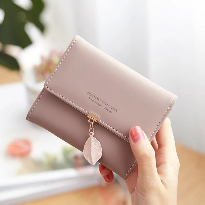 Cartera de mujer con bonita hoja de acordeón, Mini tarjetero, monedero corto a la moda, billetera Simple de color sólido, monedero delgado múltiple
