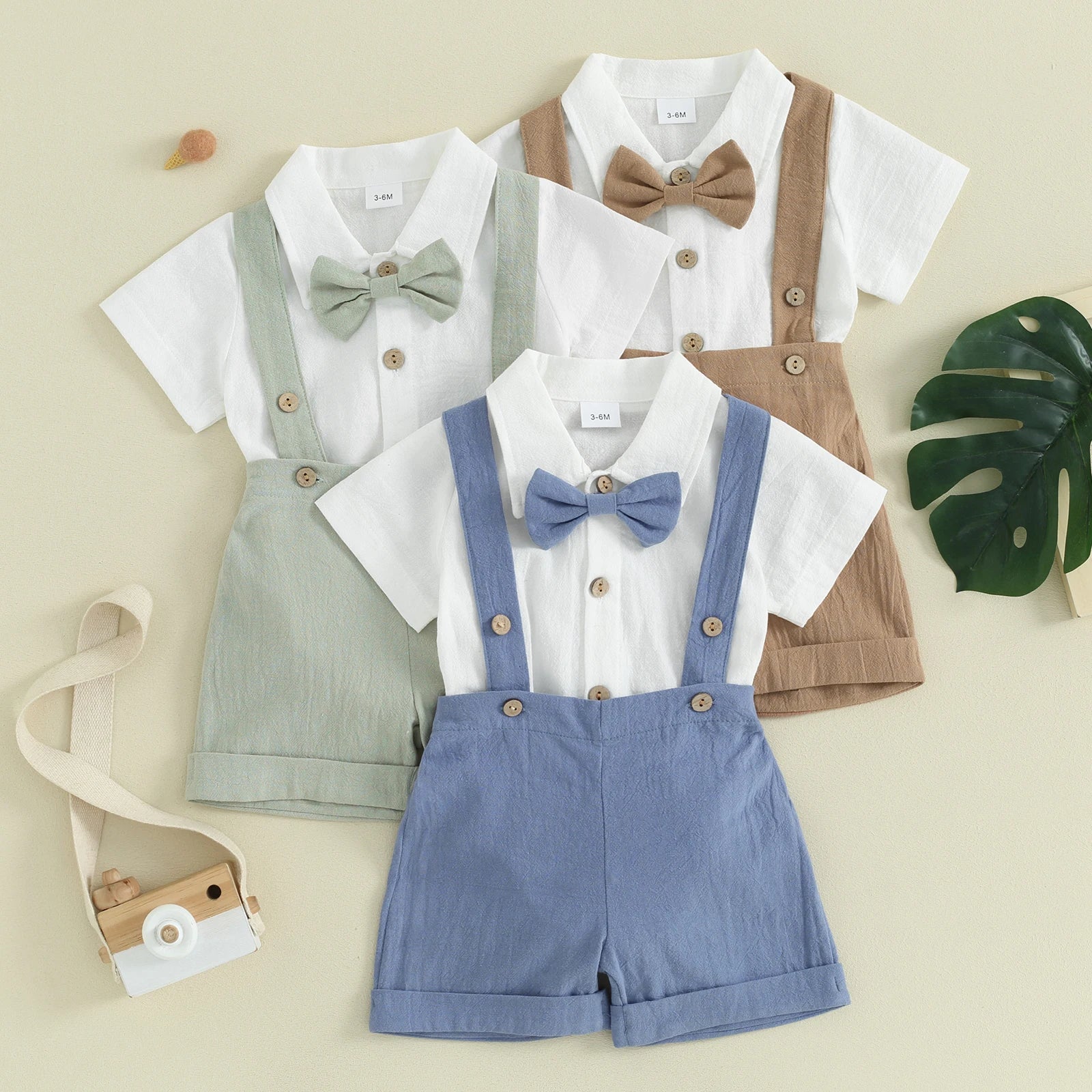 Pudcoco Conjunto de caballero para niño pequeño, pelele de manga corta de Color sólido con pajarita y monos, conjunto de pantalones cortos para uso formal de 0 a 24 meses