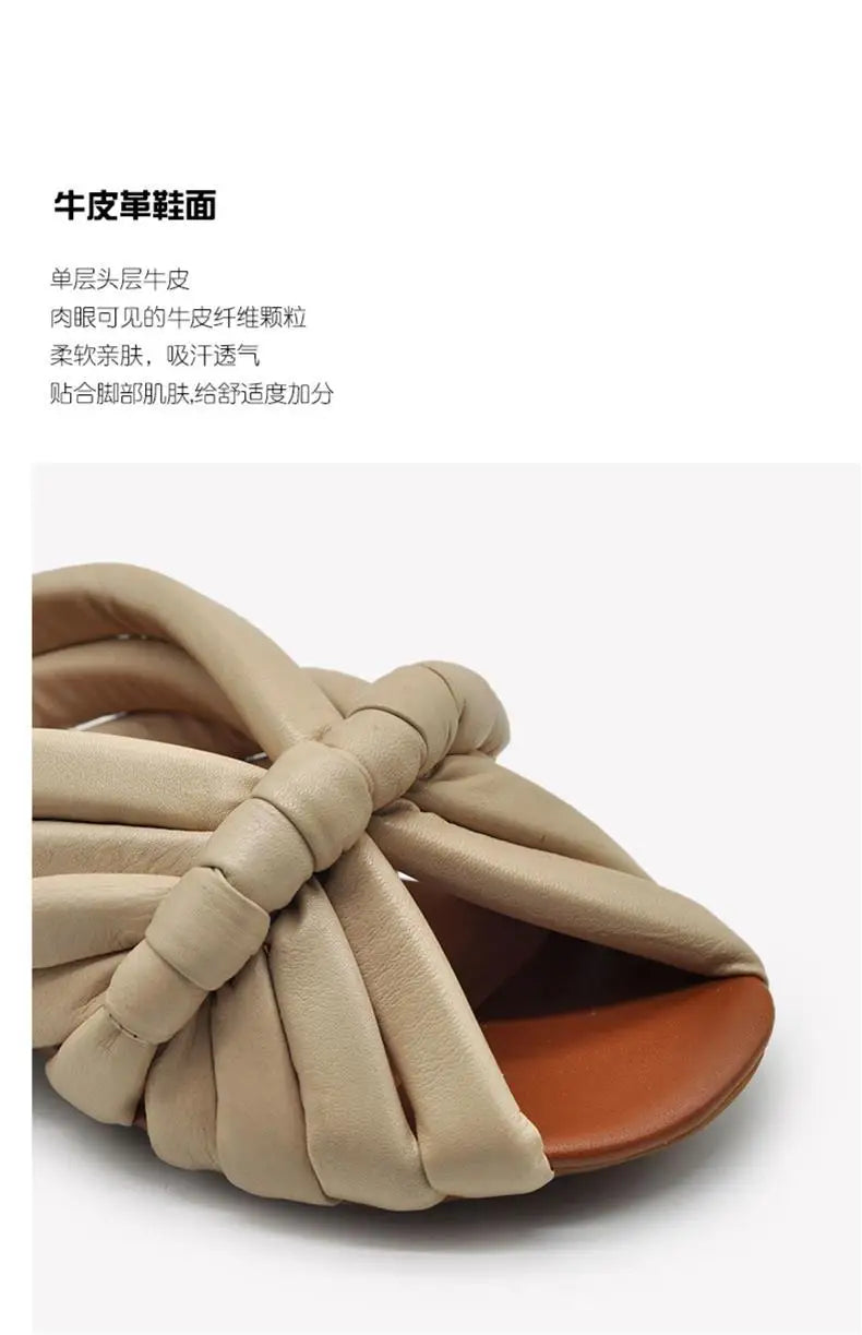 Sandalias Planas de Cuero Genuino para Mujer, Verano 2026, Diseño Abierto con Correa Anudada Única, para Uso en Exteriores