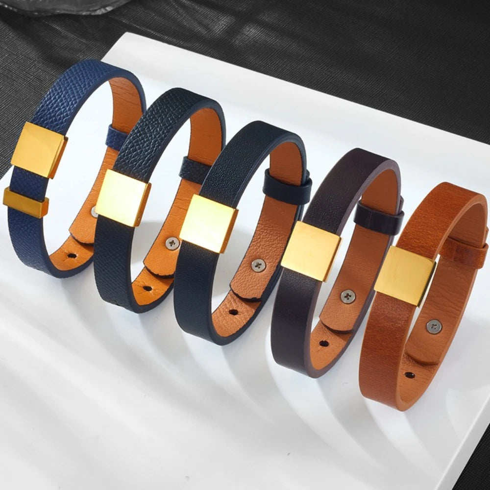 Pulseras de identificación ajustables de acero inoxidable, brazaletes de piel de vaca tallada personalizados gratis, correas de muñeca de cuero DIY para hombres y mujeres