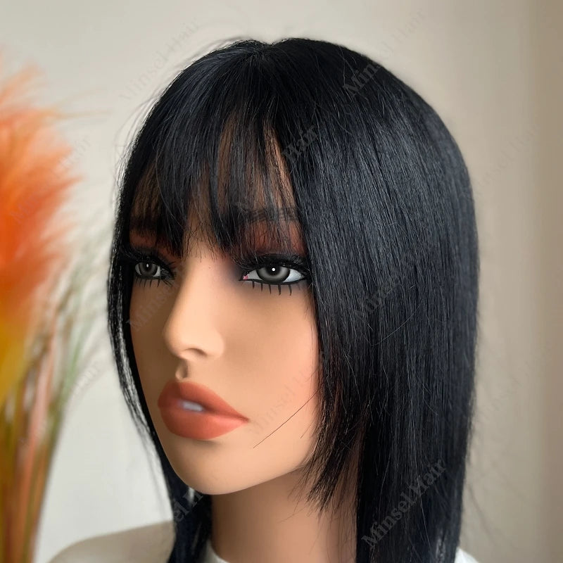 Extensiones de Cabello Humano Negro Jet con Base de PU Inyectado Tipo Piel de 7x11cm, Extensiones con Clip de Cabello Real, Se Pueden Calentar # 1 # 2 # 2C 14 pulgadas 35 cm