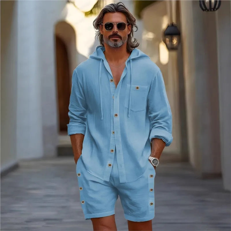 2025 Traje informal de lino y algodón hawaiano para hombre, novedad de verano, camisa informal de manga larga con capucha de color sólido y pantalones cortos, conjunto de 2 piezas