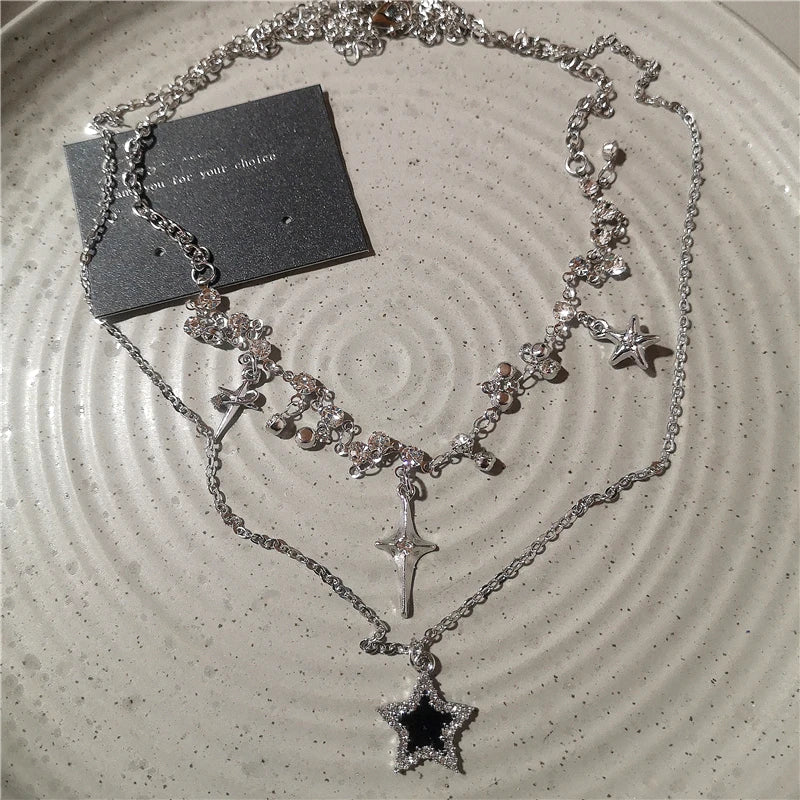 Colgante de Cruz de estrella negra Vintage para mujer y niña, collar de cadena multicapa gótico Y2K, accesorios de joyería al por mayor