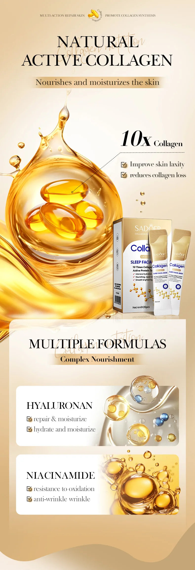 30 Uds SADOER colágeno mascarillas faciales para dormir cuidado de la piel hidratante iluminador reafirmante mascarilla Facial cuidado de la piel Facial