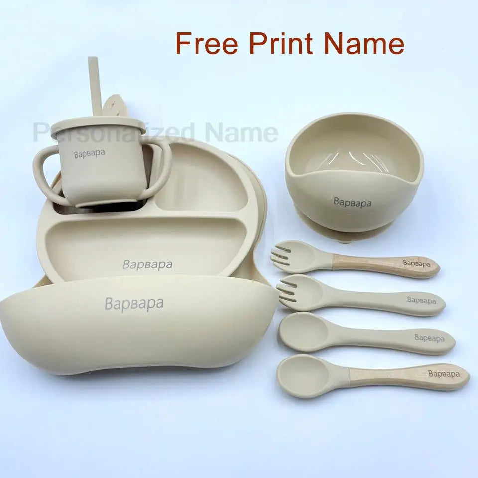 Juego de alimentación de silicona para bebé, plato de comedor redondo, cuenco con ventosa, platos para niños, vajilla con nombre personalizado, taza de paja, 8 Uds.