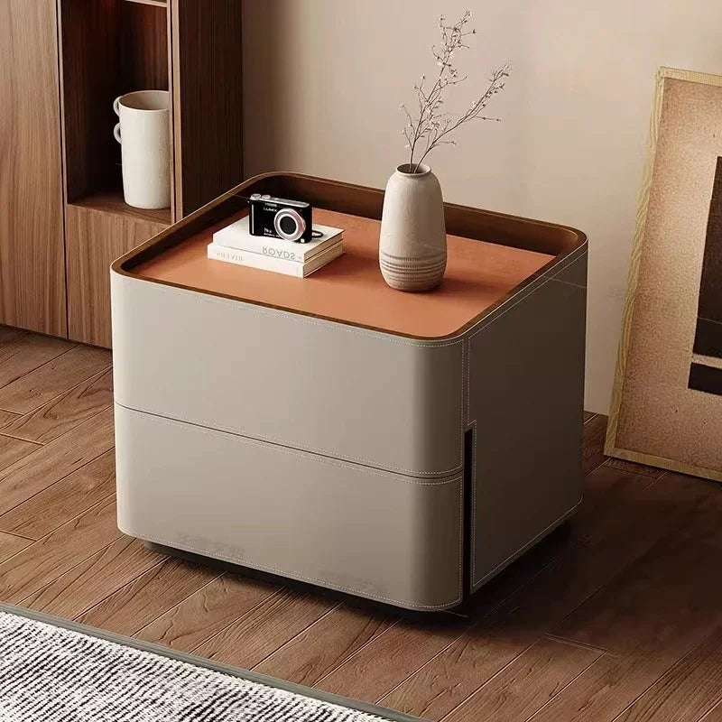 Mesita de Noche de Cuero con Cajones, Almacenamiento Estético para Dormitorio, Mesitas de Noche Modernas de Lujo, Muebles para el Hogar que Ahorran Espacio