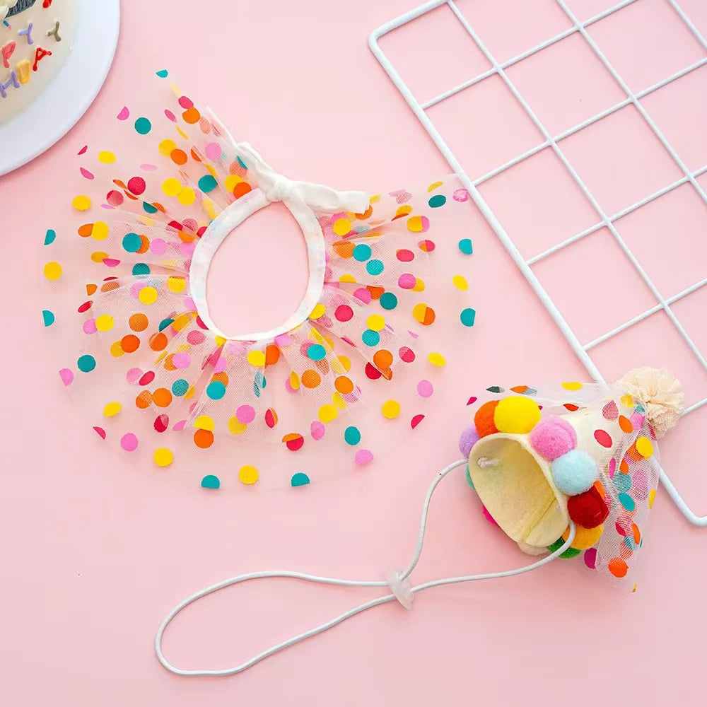 Sombrero de cumpleaños colorido para perros y gatos, bufanda ajustable para cumpleaños, conjunto de sombrero, babero para perros, vestido de fiesta de cumpleaños para mascotas, sombrero, accesorios para perros