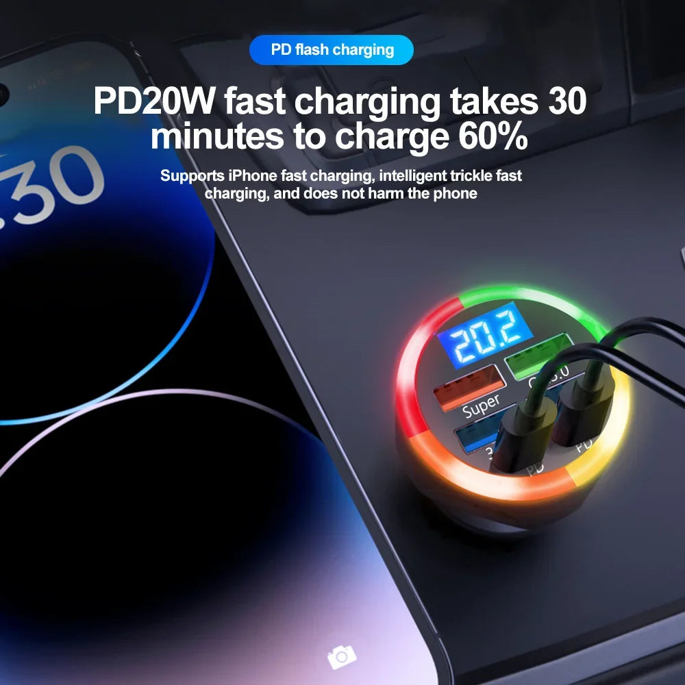 Cargador de coche USB 250W PD QC3.0 cargador de teléfono de coche de carga rápida para iPhone Samsung Xiaomi adaptador de encendedor de cigarrillos de coche de carga rápida