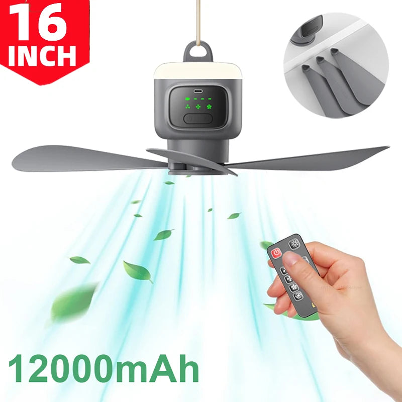 Ventilador de techo de gran tamaño con Control remoto, ventilador de refrigeración inalámbrico USB, luz LED nocturna portátil de 12000\8000mAh, ventilador de techo para acampar