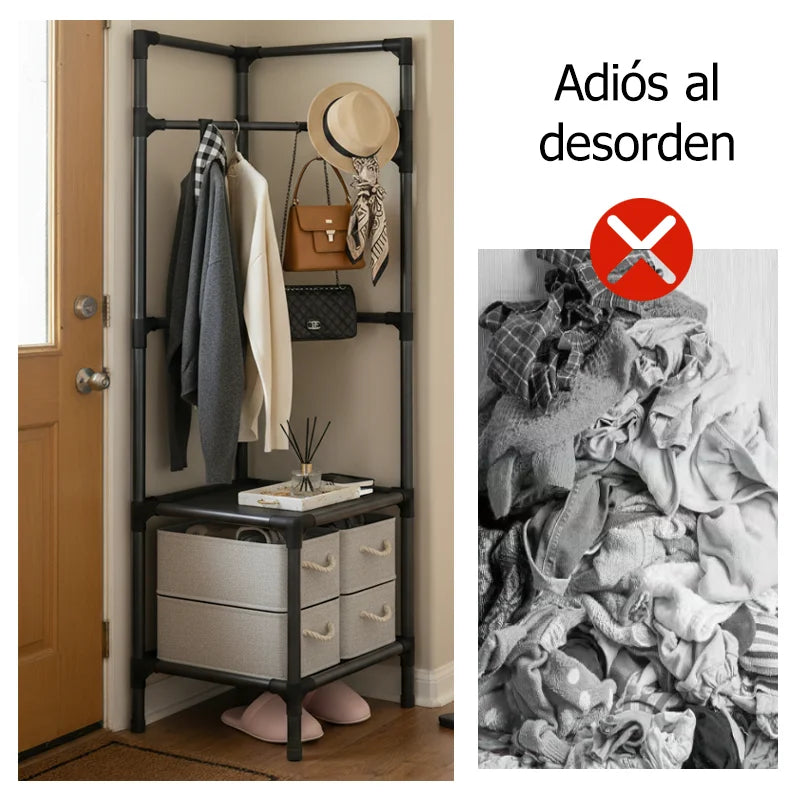 Perchero de Esquina Multicapa - Organizador de Ropa y Accesorios con Estantes, Ideal para Entrada, Dormitorio y Baño