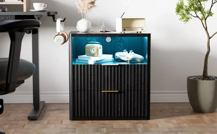 Mesa de Noche con 2 Cajones y Estación de Carga, Ahorra Espacio, con Tomacorriente, de Madera, para Dormitorio, Esquina de Escritorio, Sala de Estar, Hogar