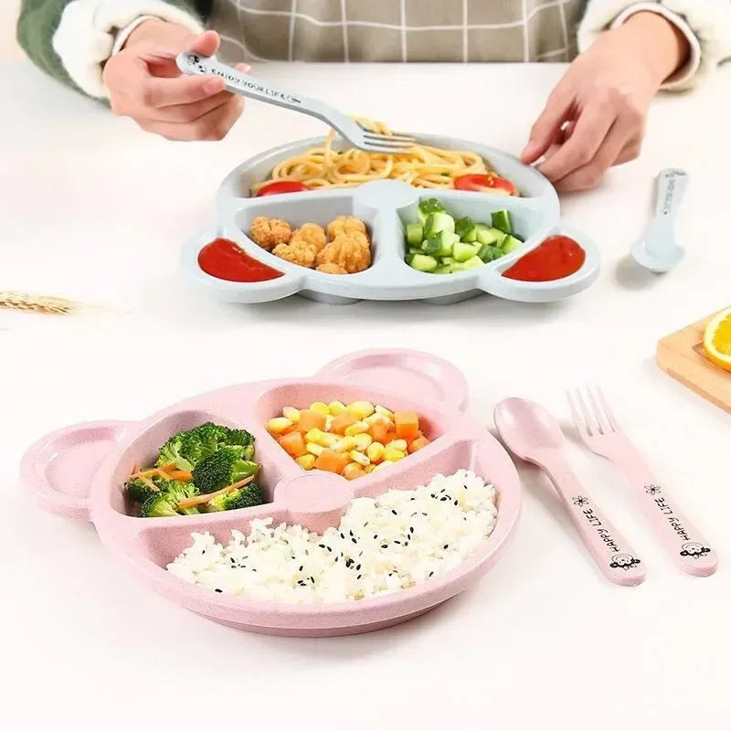 3 unids/set vajilla de alimentación de comida para bebé tazón de oso de dibujos animados + cuchara + tenedor vajilla para comer platos para niños plato de comedor para niños