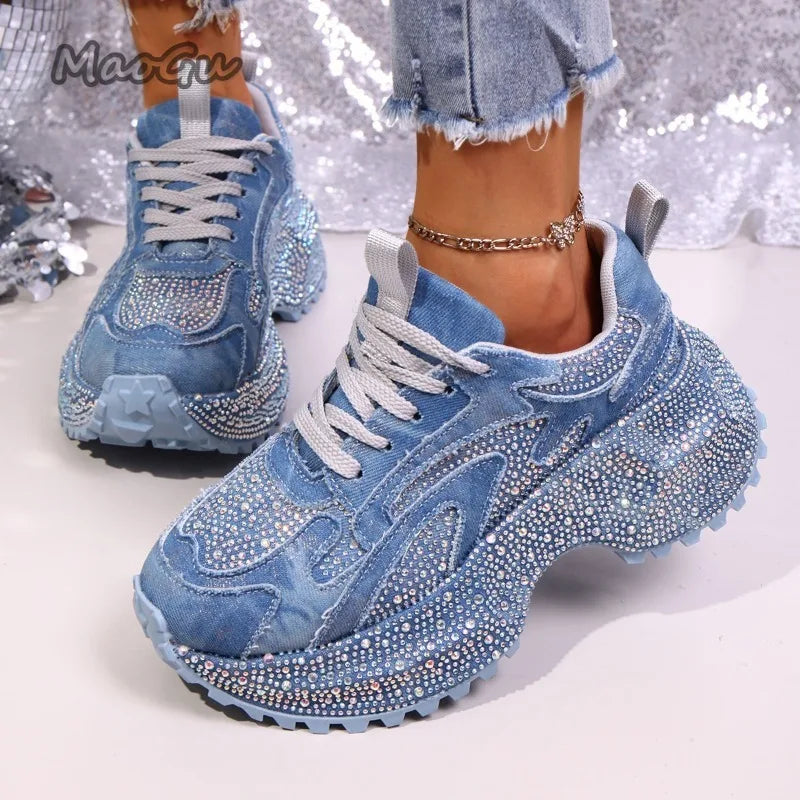 Zapatillas gruesas con diamantes de imitación para mujer, zapatos informales con cordones y suela gruesa, zapatos vulcanizados con plataforma vaquera de lujo para mujer 35-42