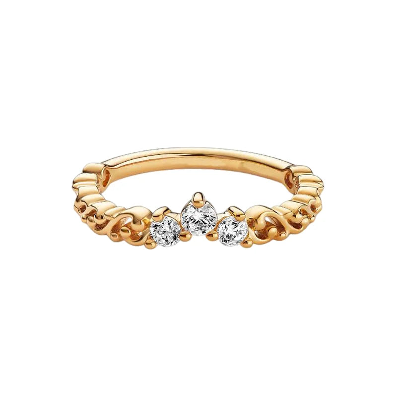 Anillo de Plata 925 con Corona y Corazón de Circonio Dorado para Mujer, Joyería Europea de Moda para Bodas y Fiestas, Regalo DIY