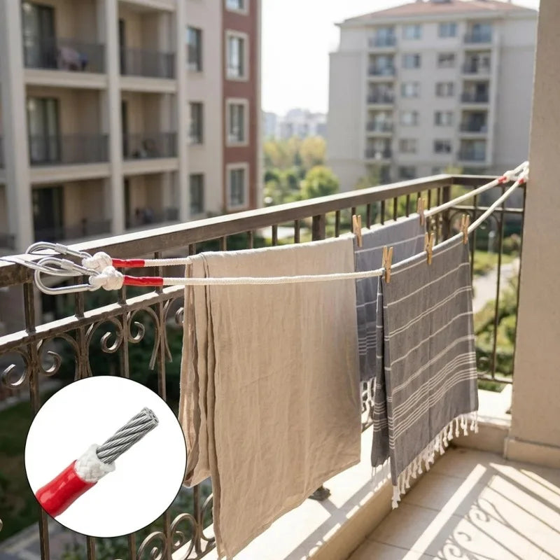 Cuerda de lavandería portátil a prueba de viento con núcleo de alambre de acero para secar ropa, ideal para camping y viajes al aire libre, con doble mosquetón.
