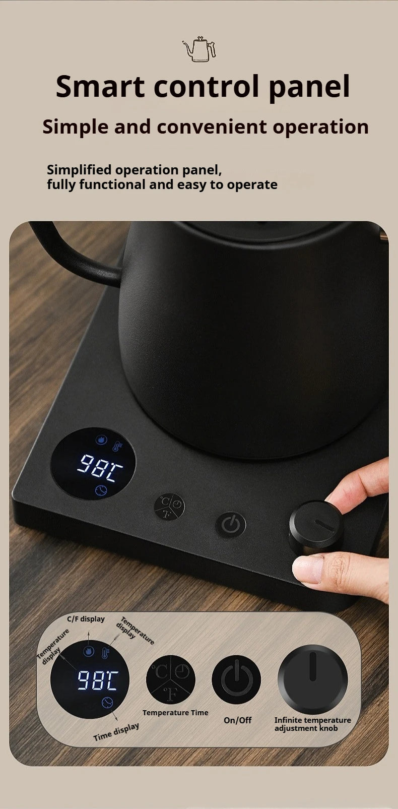 Hervidor Eléctrico Gooseneck de 1L: Control Inteligente de Temperatura para Café de Goteo, Ebullición Rápida, Acero Inoxidable, 110V y 220V