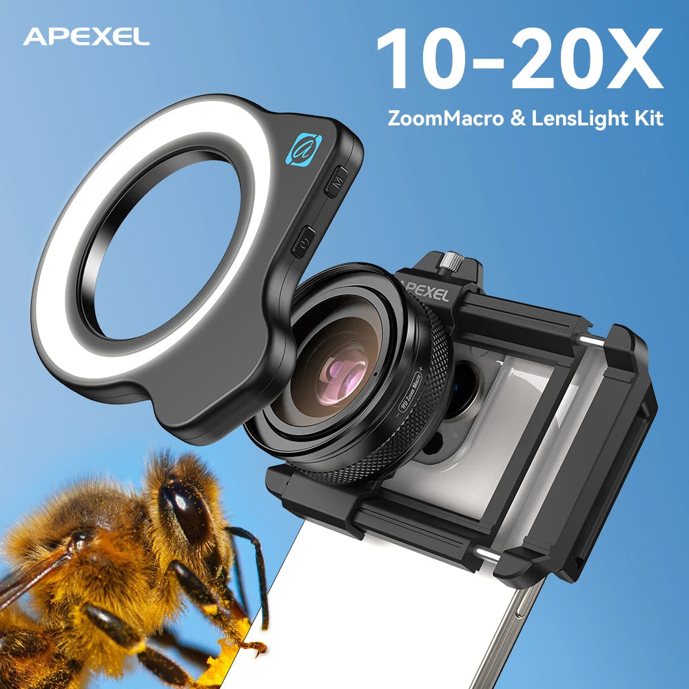 APEXEL 10-20X Zoom Macro lente HD Micro lentes de cámara de teléfono con luz de relleno LED para iPhone Samsung todos los teléfonos inteligentes Macro de pestañas