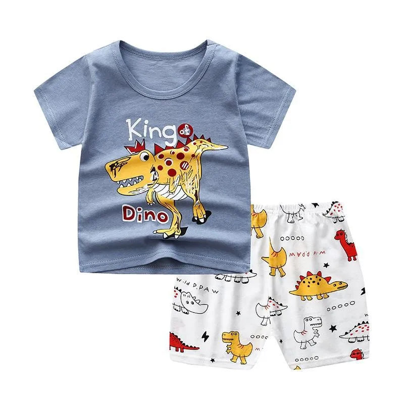 Conjunto informal de manga corta para niños, Camiseta con estampado de dinosaurio, pantalones cortos sueltos, traje de dos piezas, chándales bonitos de moda, ropa exterior