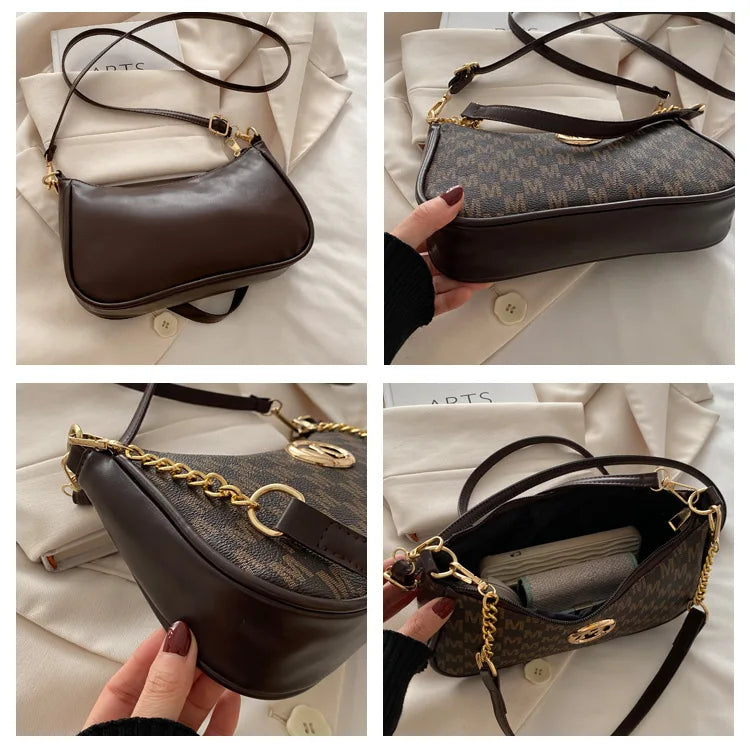 Bolso retro francés para axila, bolso de un hombro con estampado de letras y cadena cuadrada cruzada diagonal para mujer
