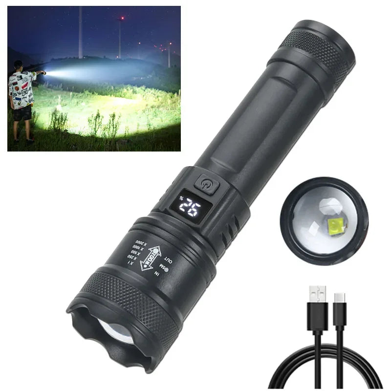 Linternas Led de alta potencia y fuerte, linterna táctica de 2000LM con luz de pantalla, carga USB, Camping, pesca, linterna con Zoom de emergencia