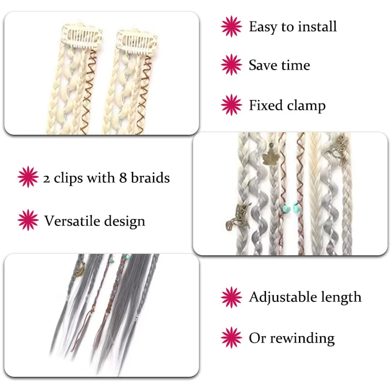 Peluca con 4 trenzas pequeñas y extensiones de cabello para mujer, combinada con trenzas sintéticas estilo bohemio con clip BB.