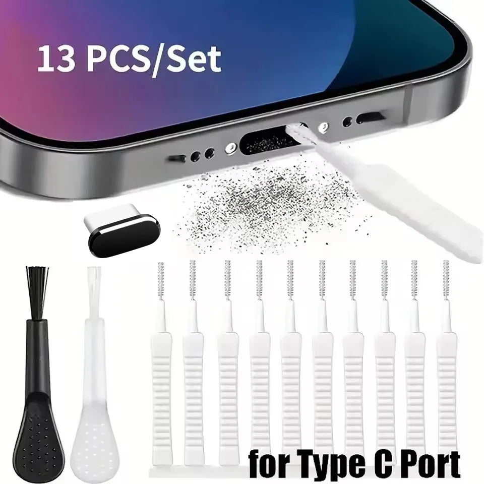 Puerto de carga para teléfono móvil, tapón antipolvo con cepillo de limpieza para IPhone 17 16 15 14Pro Max Plus Samsung Xiaomi IOS tipo C, juego de limpieza