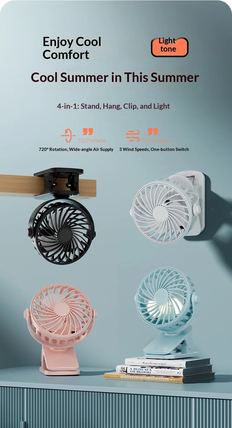 Ventilador Portátil Recargable con Clip HOMEFISH 720 °   Ventilador Colgante Giratorio con Luz Nocturna, Enfriador de Aire para Acampar al Aire Libre