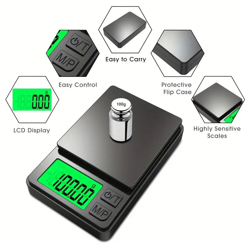 Báscula de bolsillo de precisión 1000 g x 0,01 g - Balanza digital de gramos, alimentos, joyas, onzas/granos con LCD retroiluminado - Mini báscula para viajes