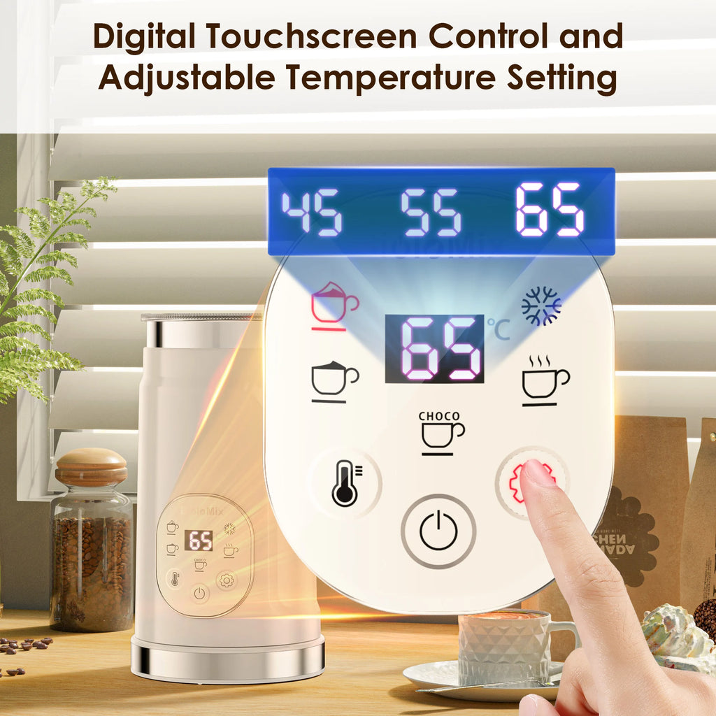 BioloMix Espumador de leche 5 en 1 con pantalla táctil LED mejorada - Calentador de leche para café con leche caliente y fría