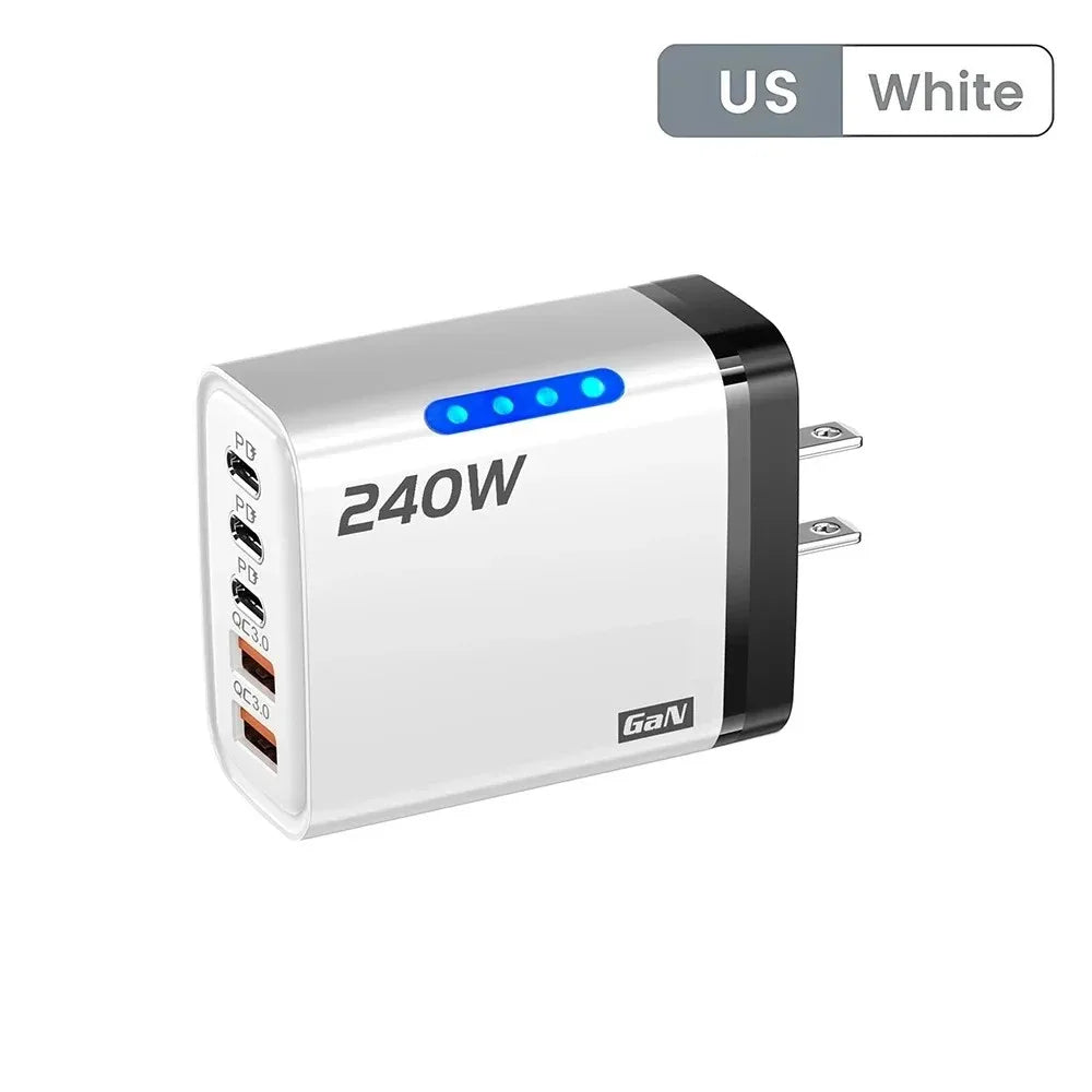 Cargador USB C GaN 5 en 1 de 240W, adaptador de carga rápida para teléfono, PD QC3.0, enchufe europeo/estadounidense/británico, cargador de pared para iPhone, Samsung, Xiaomi