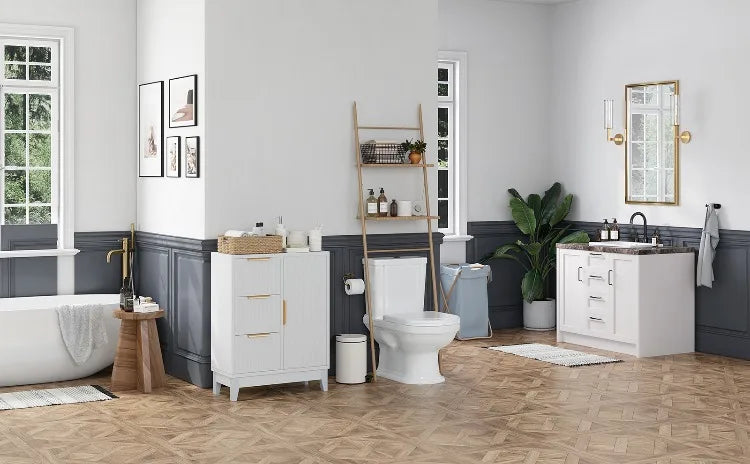 Organizador lateral de madera con 3 cajones y una puerta, con patas elevadas, para almacenamiento en el suelo, ideal para baño, ducha, dormitorio o armario del hogar.