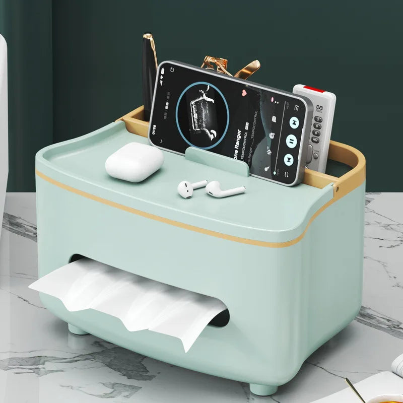 Caja de almacenamiento para mando a distancia 3 en 1, caja de pañuelos con compartimento de almacenamiento, caja de almacenamiento para mesita de noche, estuche para gafas