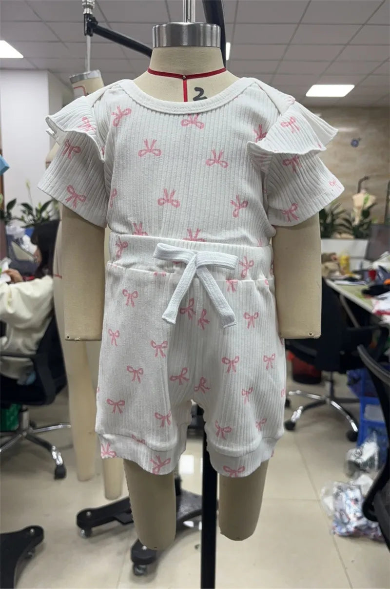 Conjuntos de verano para niña de 0 a 18 meses, pelele de manga corta con estampado de lazo, pantalones cortos de cintura elástica y diadema, conjunto de 3 uds.