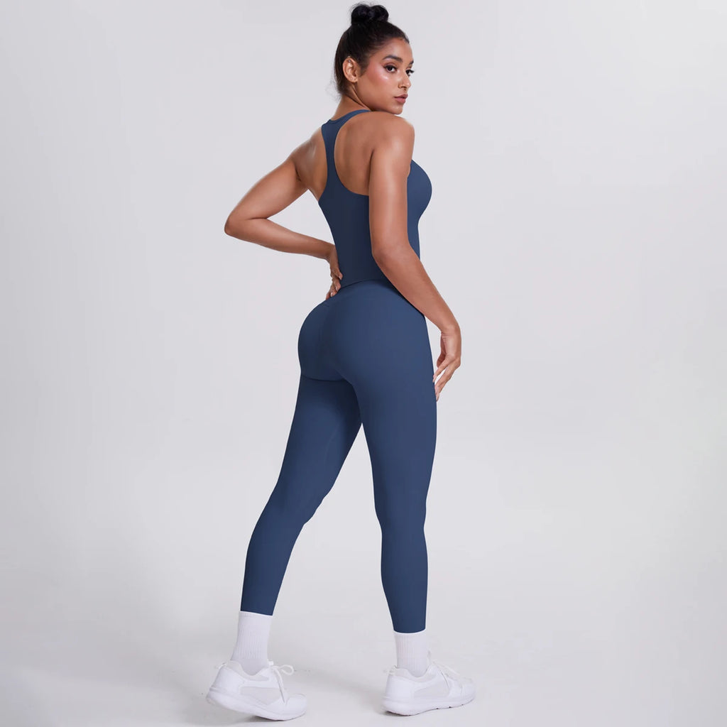 Hamidou - Conjunto de yoga de 2 piezas para mujer: leggings de fitness de secado rápido con efecto push-up y top deportivo con espalda en I de color liso.