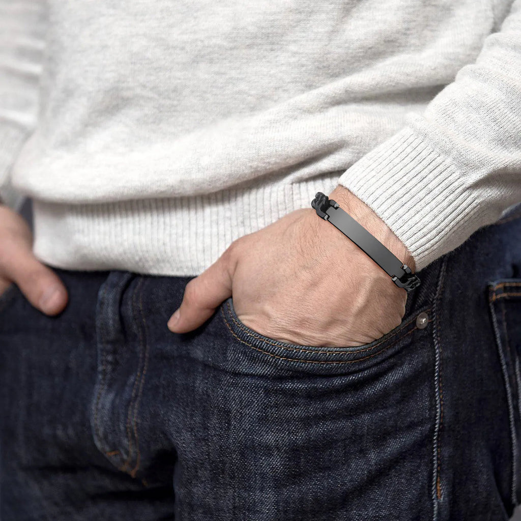 Pulsera de acero inoxidable con identificación de cadena para hombre, brazalete personalizado de Color plateado, barra personalizada con nombres, iniciales, fecha, joyería masculina