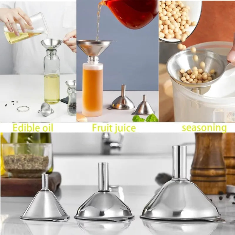 Juego de embudos de acero inoxidable, embudos metálicos de calidad alimentaria con cepillo de limpieza para llenar botellas, herramienta de filtro de aceite y líquido de cocina, 3 uds.