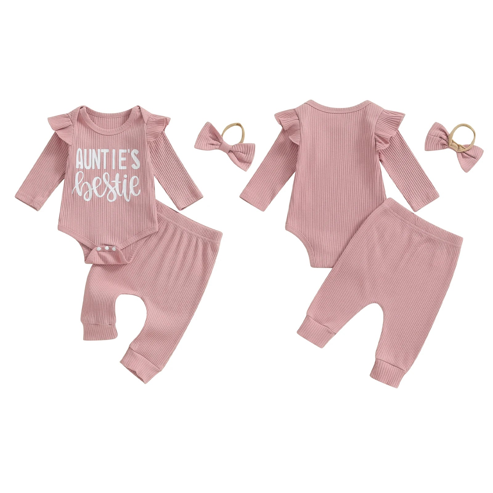 Conjunto de 3 piezas para niñas de 0 a 12 meses, pelele con volantes y manga larga con estampado de letras, Tops, pantalones largos, trajes con banda para el pelo