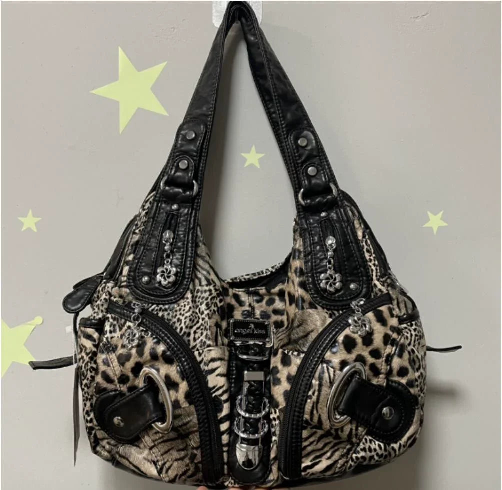 Bolsos de Mano Vintage con Estampado de Leopardo para Mujer, Estilo Punk Biker Y2K, Bolso de Hombro con Asa Superior, Bolsos de Axila para Dama, con Múltiples Bolsillos